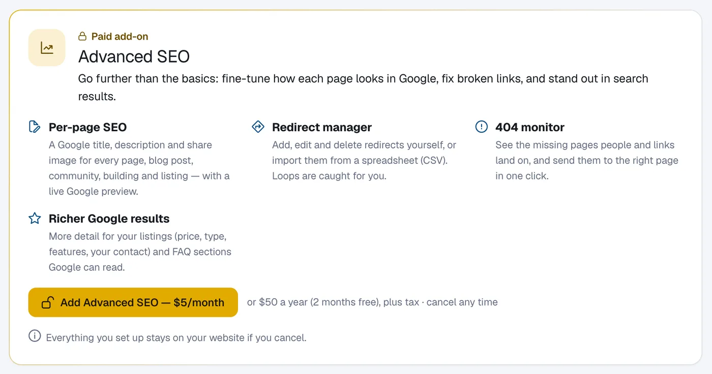 The Advanced SEO panel listing Per-page SEO, Redirect manager, 404 monitor and Richer Google results, with the Add Advanced SEO button.