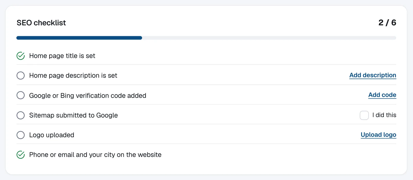 The SEO checklist with items such as Home page title is set, Google or Bing verification code added and Sitemap submitted to Google.