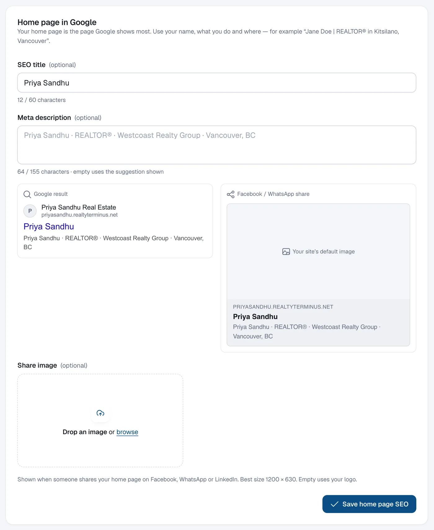 The Home page in Google panel with SEO title, Meta description and a Google result preview.
