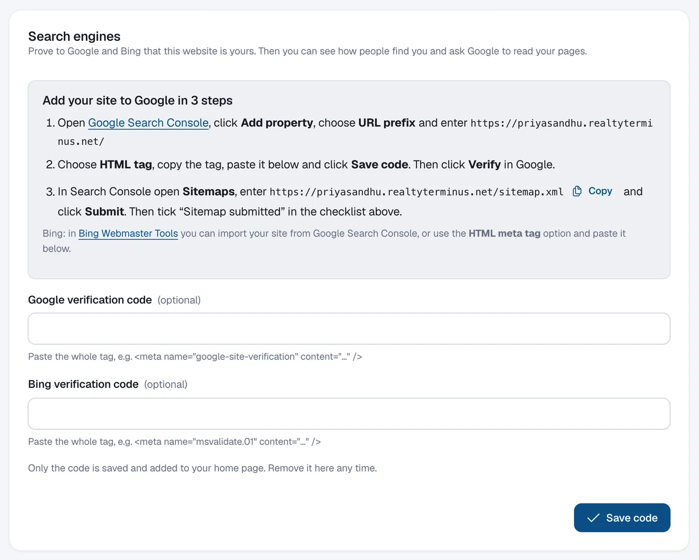 The Search engines panel with the 3-step Google guide, the sitemap address with a Copy button, and the Google and Bing verification code fields.
