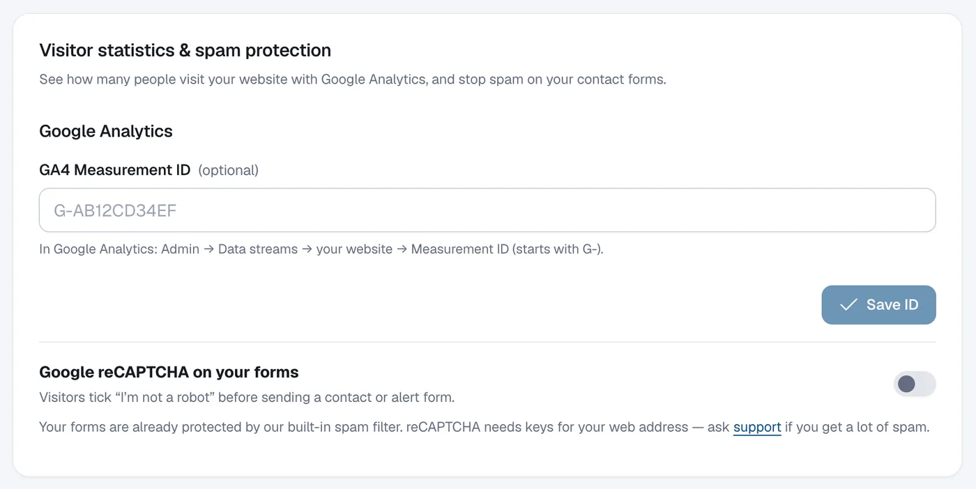 The Google reCAPTCHA on your forms switch at the bottom of the Visitor statistics & spam protection panel.