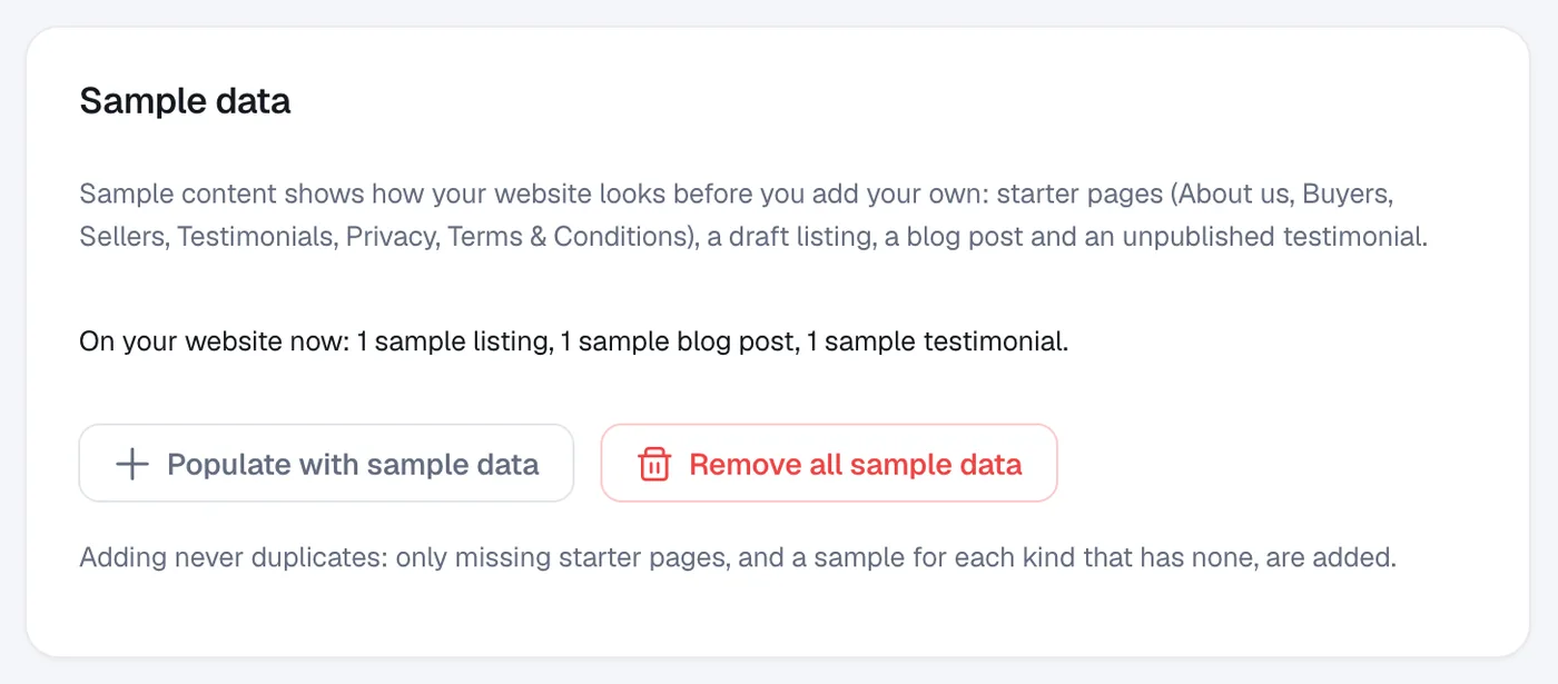 The Sample data section of Settings with the Populate with sample data and Remove all sample data buttons.