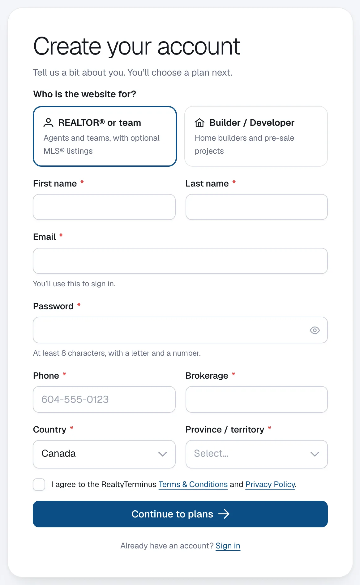 The sign-up form’s Who is the website for? question with REALTOR® or team selected.