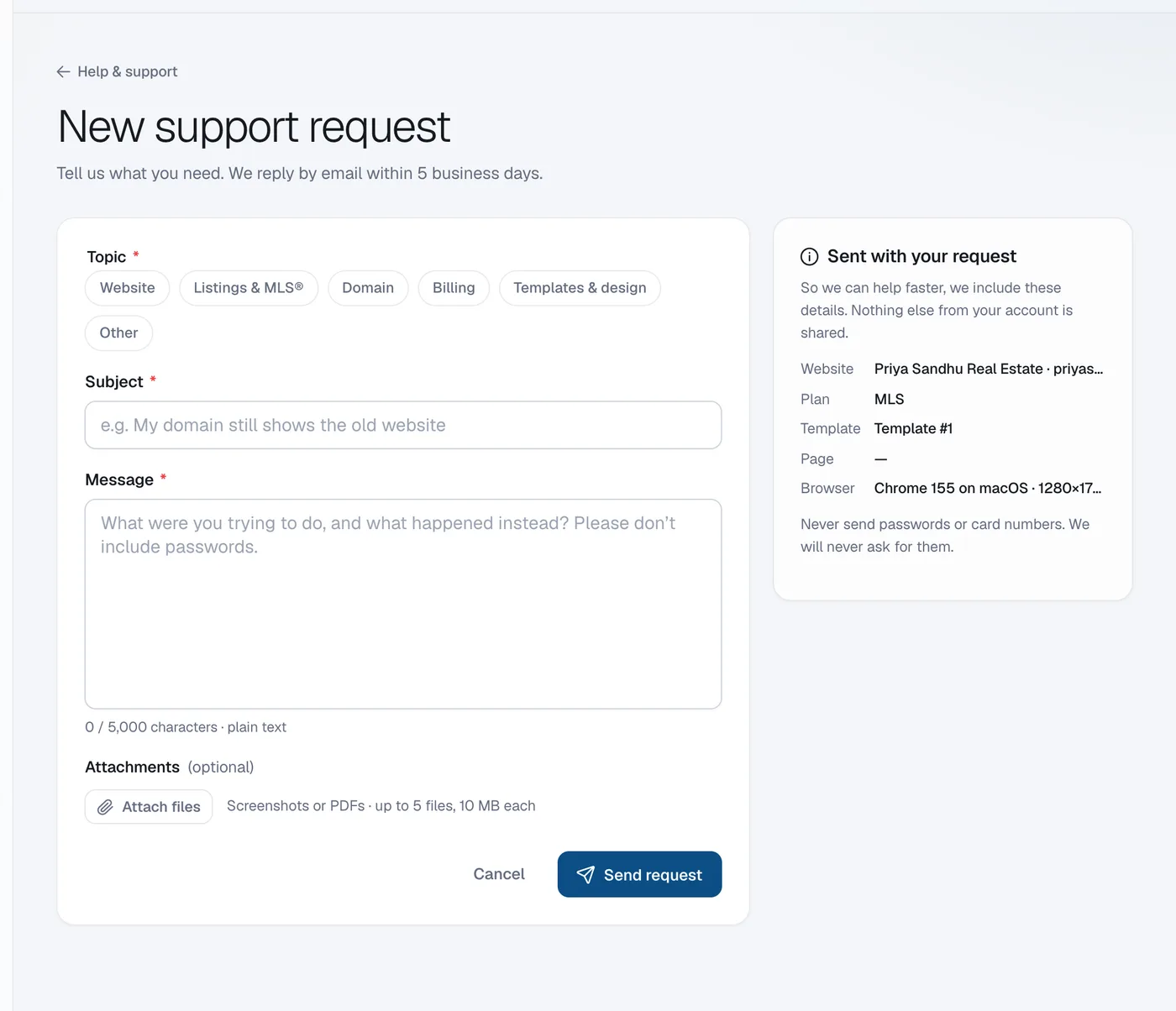 The New support request form with topics, Subject, Message, Attach files and Send request.