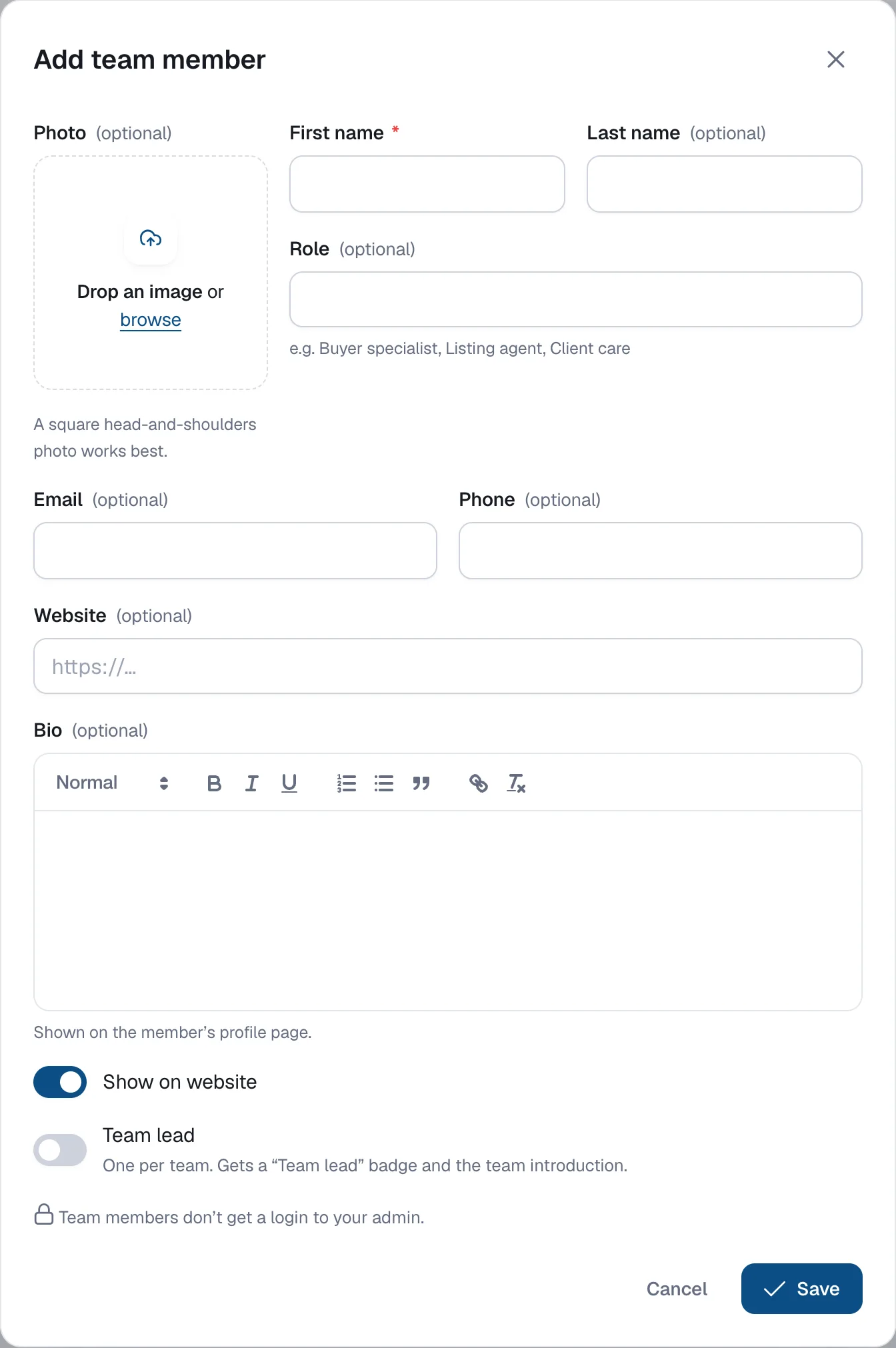 The Add team member dialog with Photo, First name, Last name, Role, Email, Phone, Website, Bio, the Show on website and Team lead switches, and the Save button.