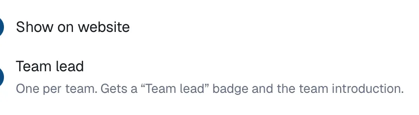The Show on website and Team lead switches in the team member dialog, with the hint One per team.