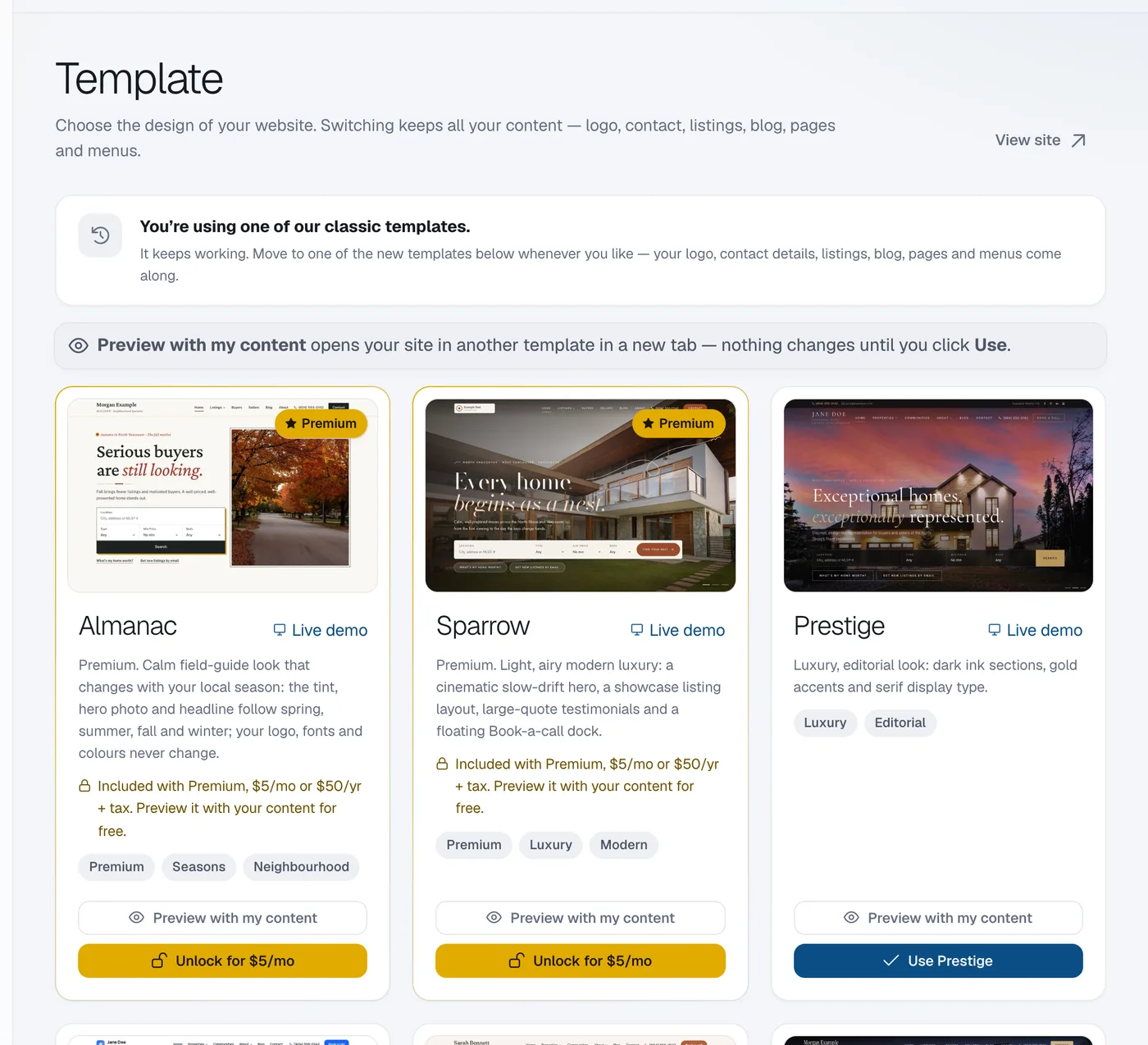 The Template page with a gallery of templates, each with a live demo, Preview with my content and Use buttons.