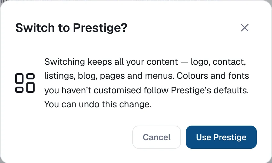 The Switch to template confirmation dialog with Cancel and Use buttons.